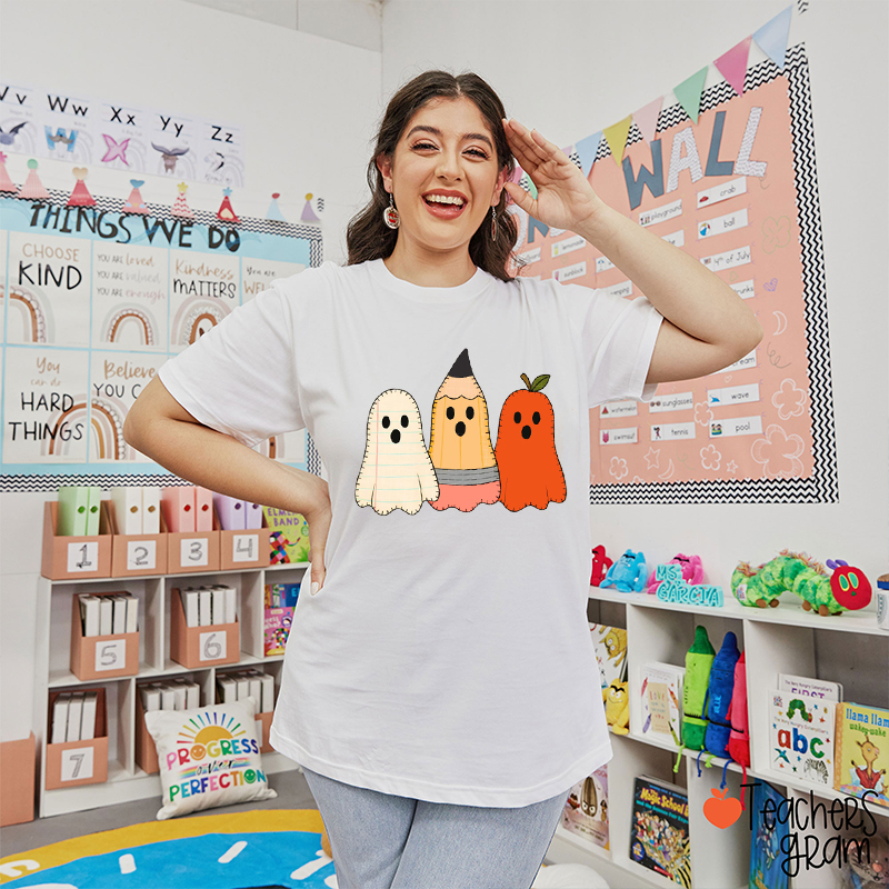 Pencil Notebook Apple Ghosts Teacher T-Shirt