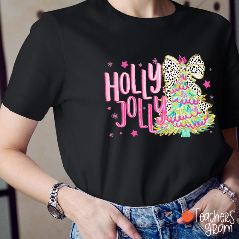 Holly Jolly Bow Christmas Tree Teacher T-Shirt