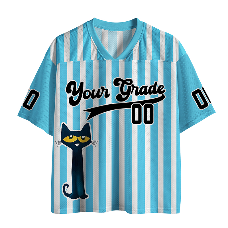 Personalized Grade And Name Blue Cat Teacher Mesh Jersey