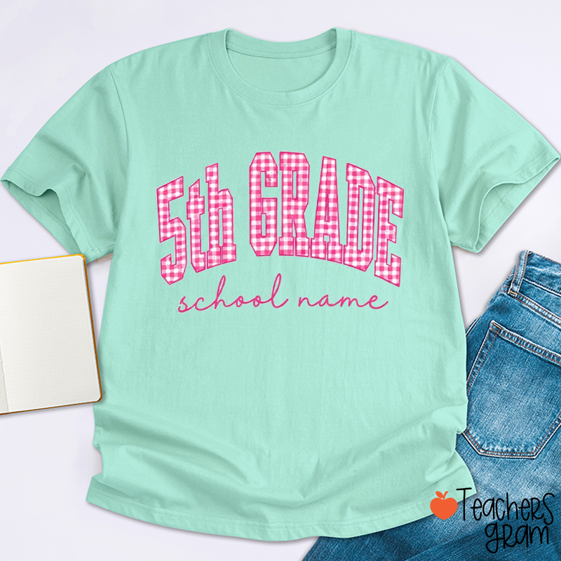 Personalized Grade And School Name Gingham Arch Letter Teacher T-Shirt