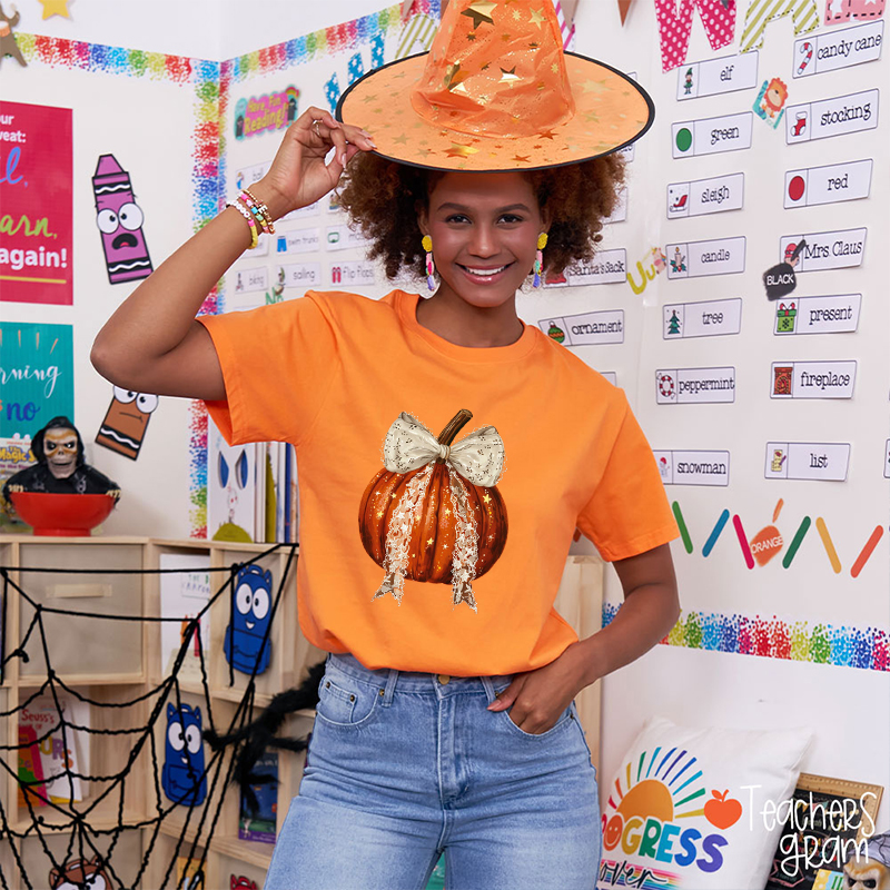 Lace Faux Glitter Pumpkin Teacher T-Shirt