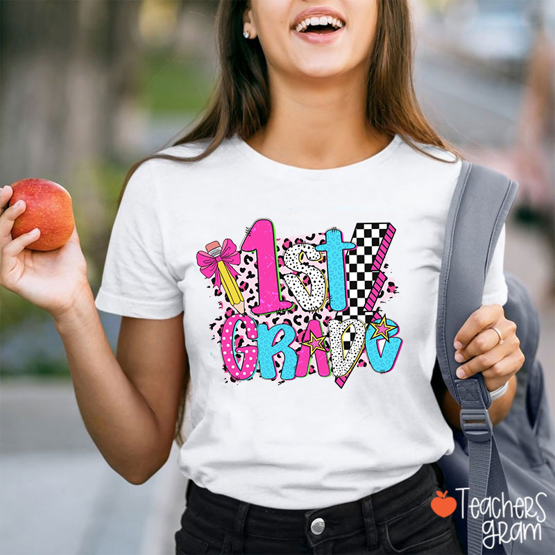 Personalized Pink Leopard Checkerboard Pencil Star Lightning Polka Dot Teacher T-Shirt