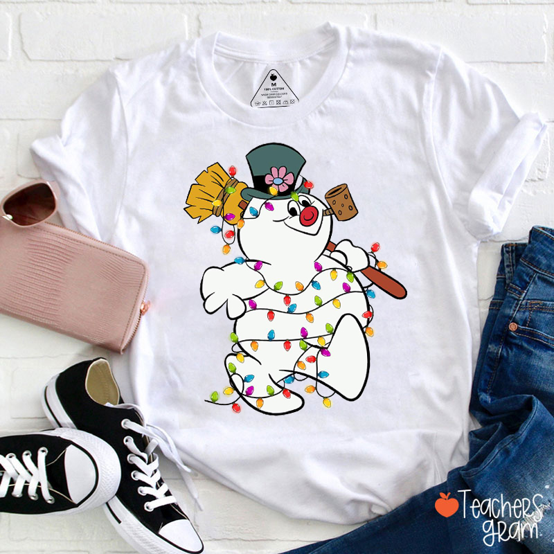 Snowman Surrounded By Christmas Lights Teacher T-Shirt