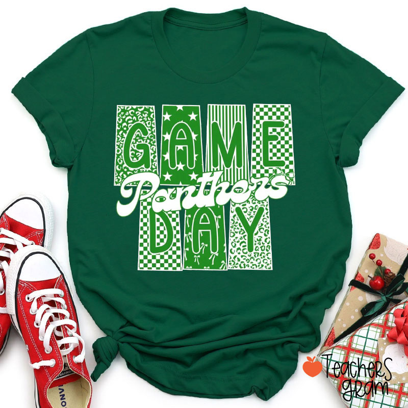Personalized Leopard Checkerboard Star Bow Mixed Pattern Game Day Teacher T-Shirt