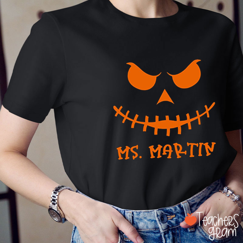 Personalized Name Pumpkin Face Teacher T-Shirt