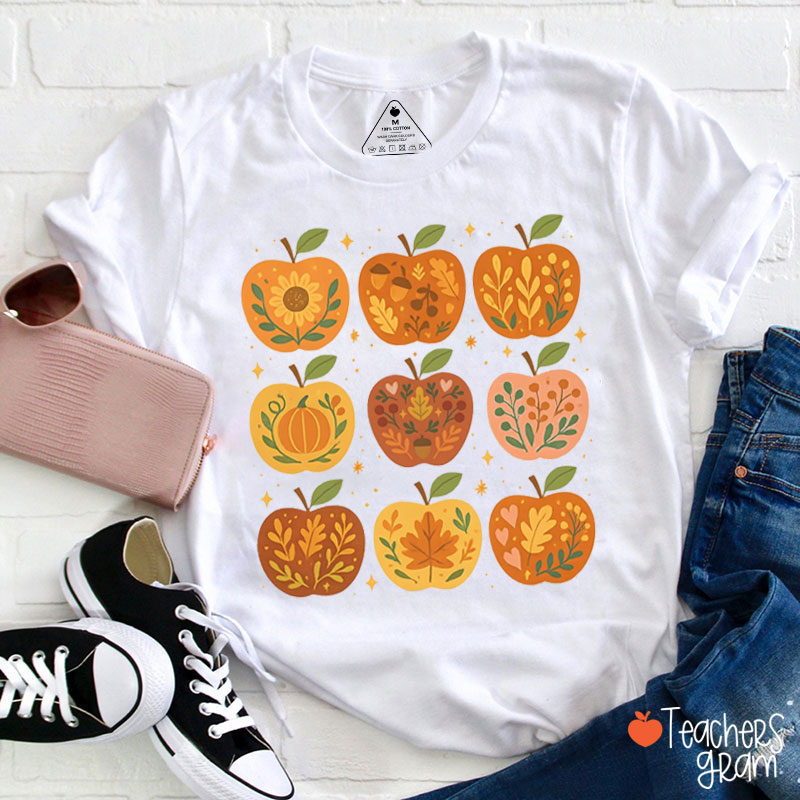 Floral Autumn Apple Teacher T-Shirt