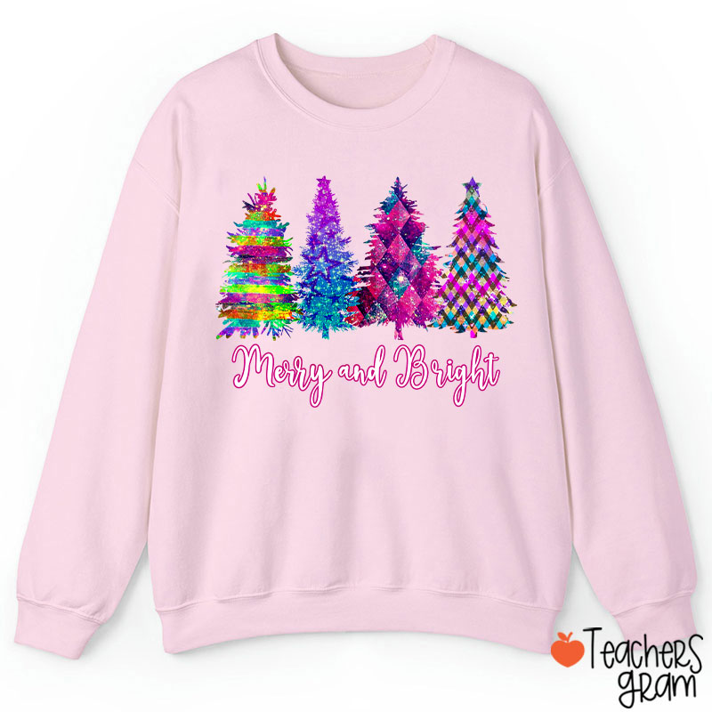 Merry And Bright Colorful Christmas Tree Teacher Sweatshirt