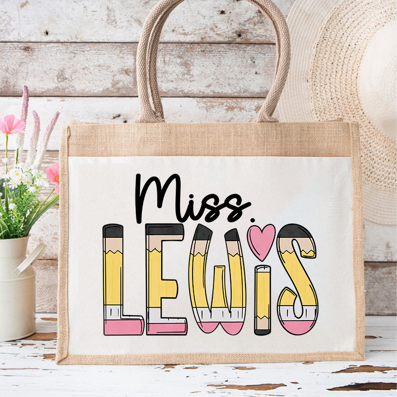 Personalized Pencil Name Teacher Jute Lunch Bag