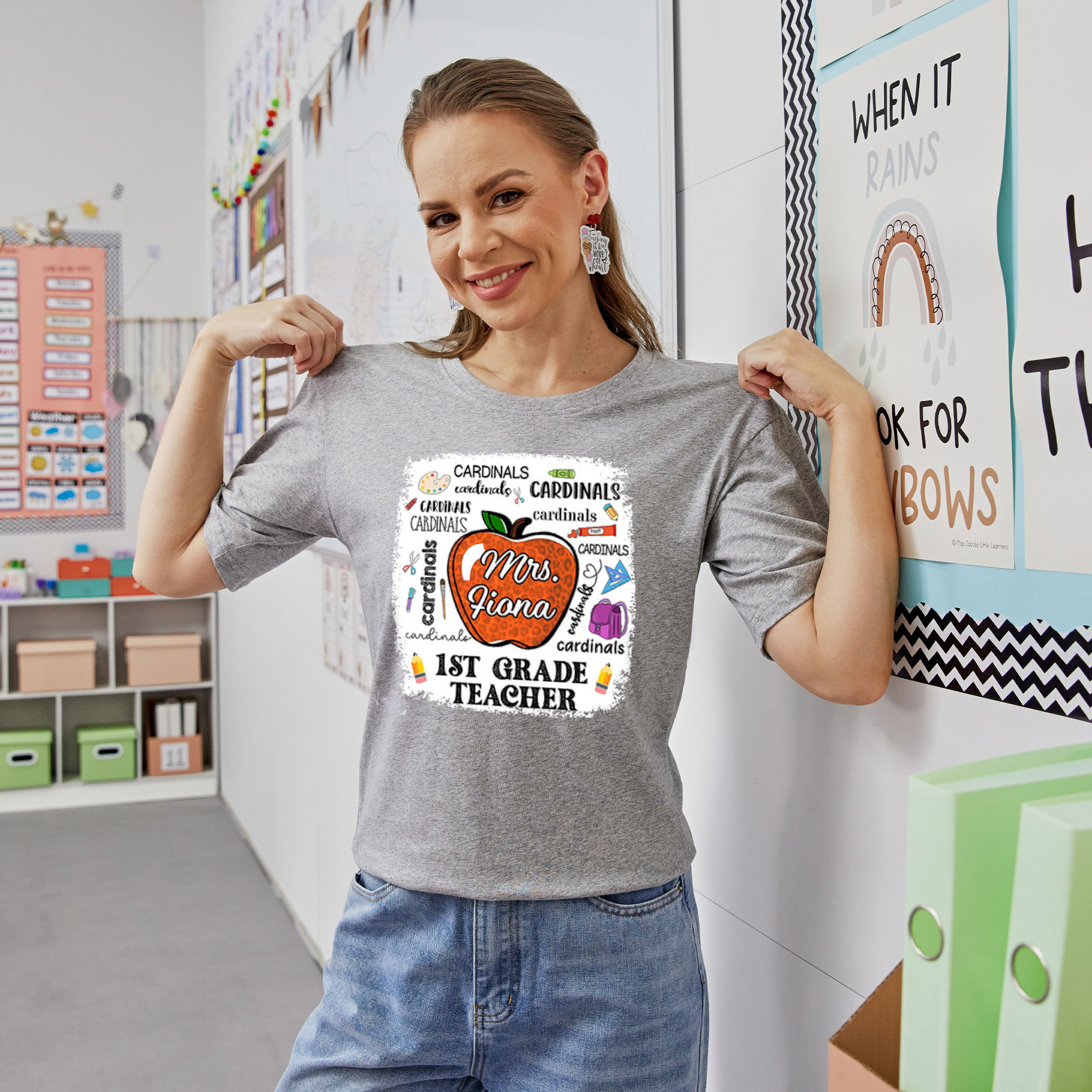 Personalized Colorful Leopard Apple Name Teacher T-Shirt