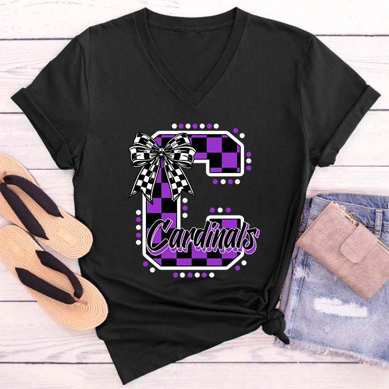 Personalized Mascot Checkered Print Teacher Female V-Neck T-Shirt
