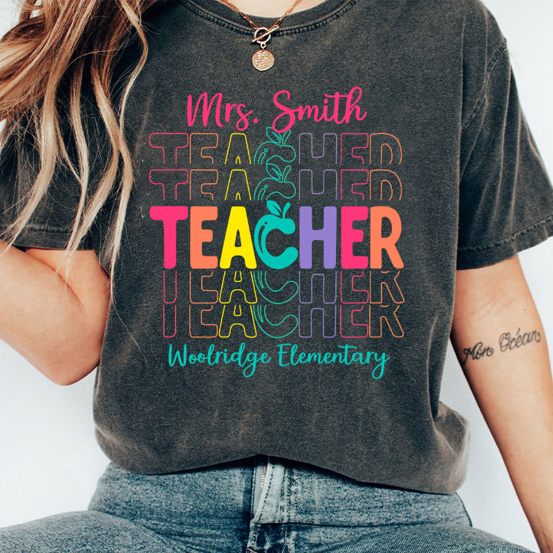 Personalized Colorful Apple Teacher Washed T-Shirt
