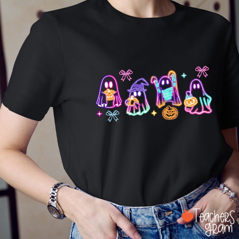 Colorful Neon Ghost Pumpkin Teacher T-Shirt