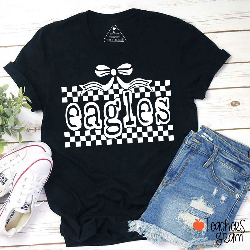 Personalized Mascot Checkered Bow School Spirit Teacher T-Shirt