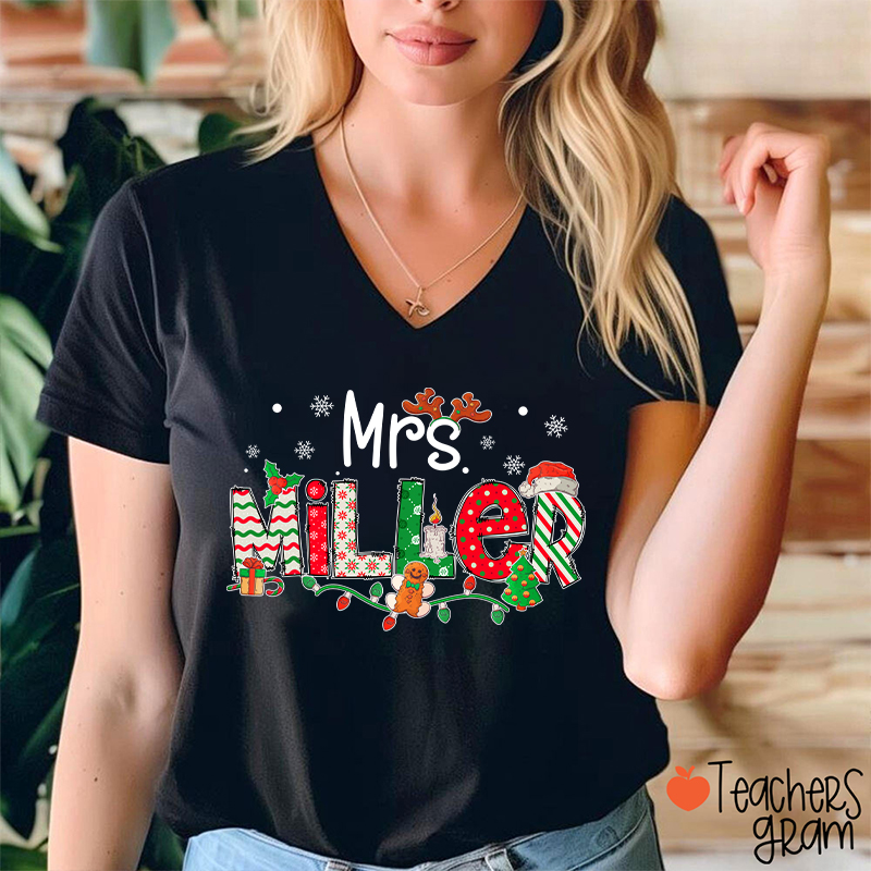 Personalized Teacher Name Christmas Teacher Female V-Neck T-Shirt