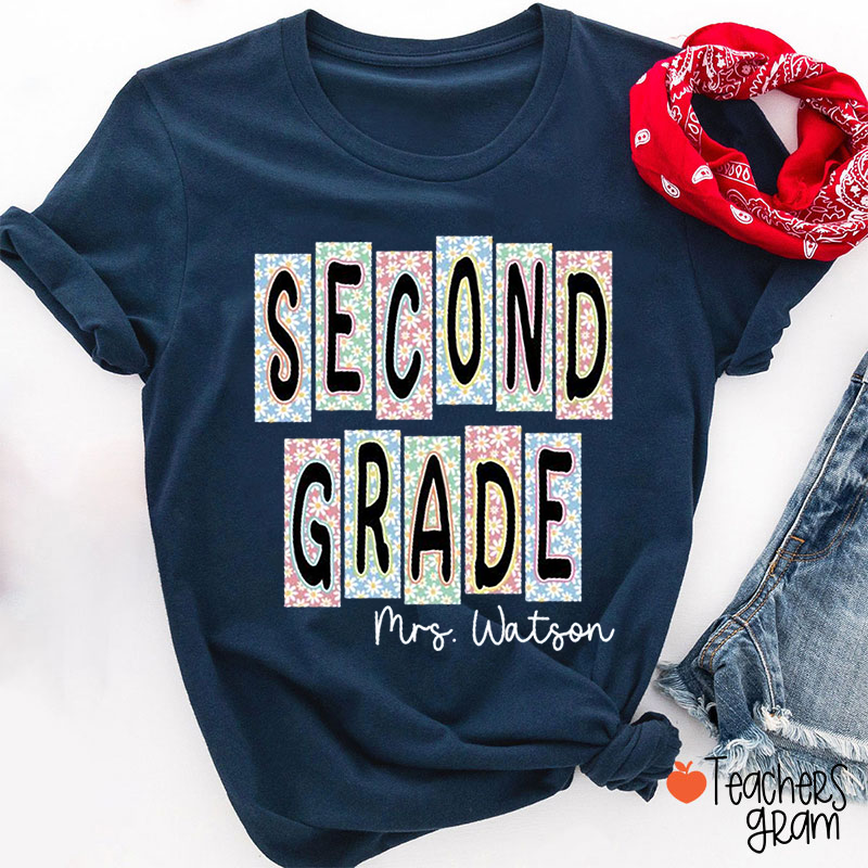Personalized Grade Name Flower Rectangle Teacher T-Shirt