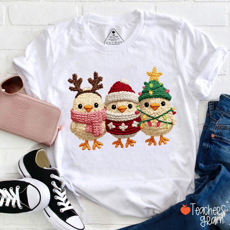 Faux Yarn Christmas Little Chicks Tree Teacher T-shirt