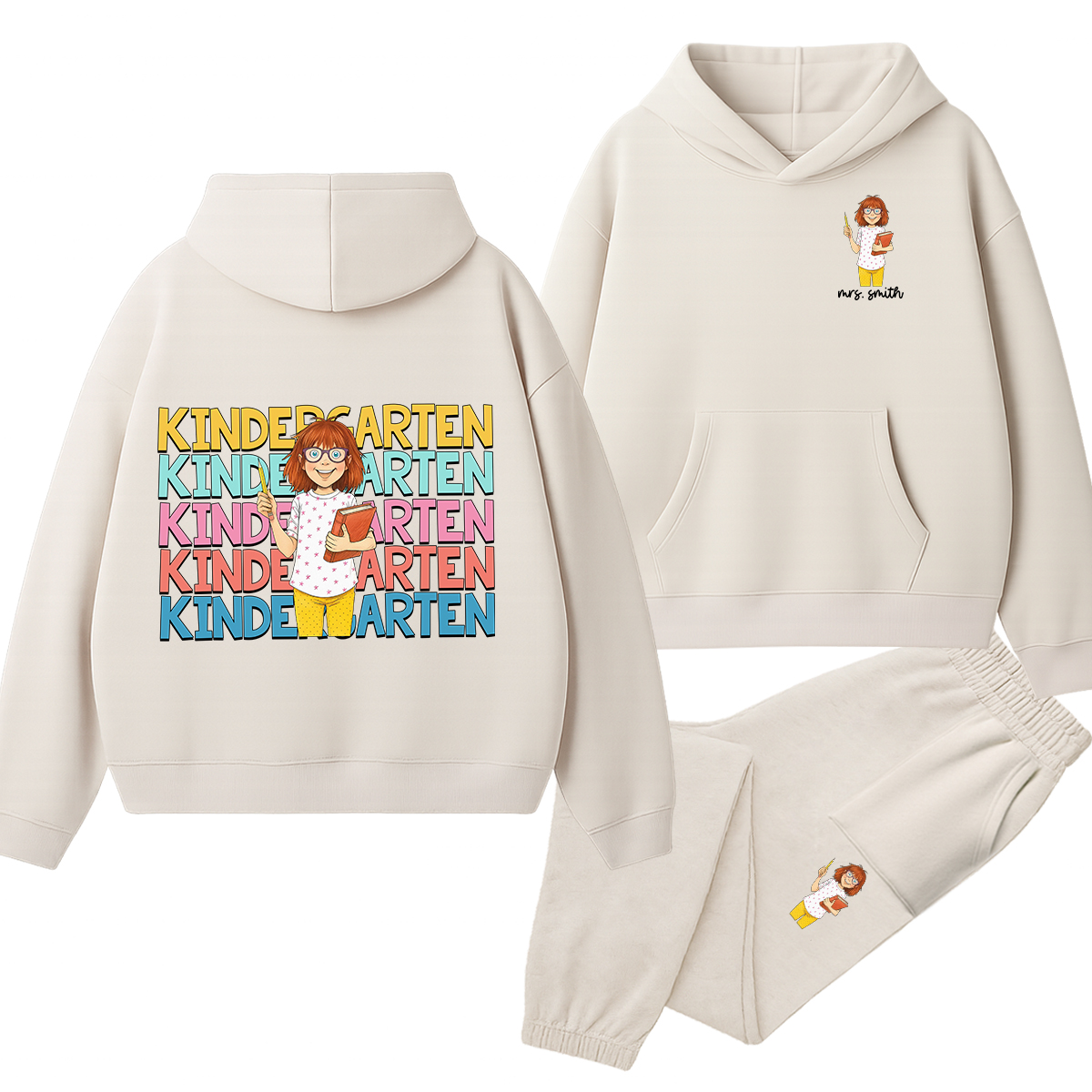 Personalized Grade And Name Cartoon Teacher Reading Teacher Hoodie Set