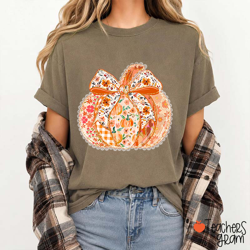 Coquette Floral Pumpkin Bow Teacher T-Shirt