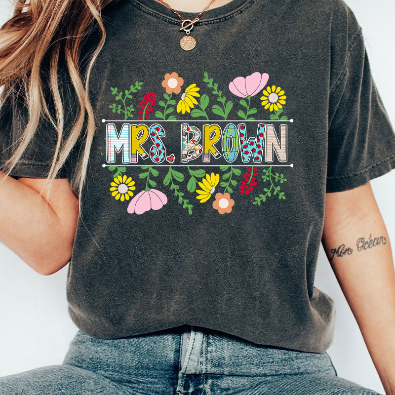 Personalized A Cluster Of Blooming Flowers Teacher Washed T-Shirt