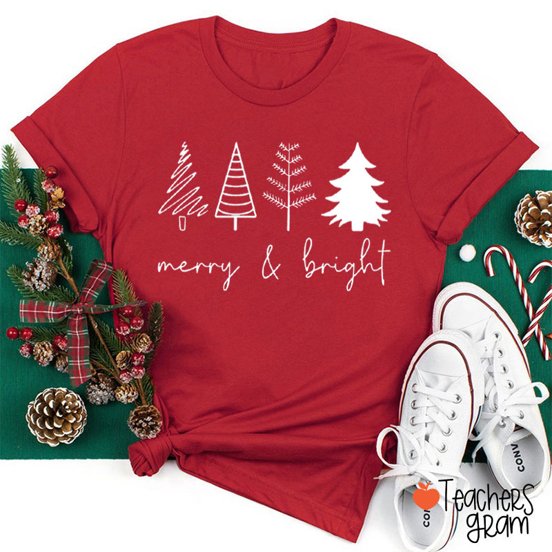Merry And Bright Christmas Tree Teacher T-Shirt