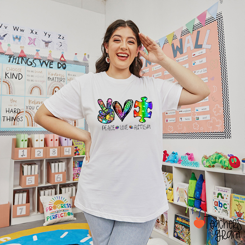 Glitter Peace Love Autism Teacher T-Shirt
