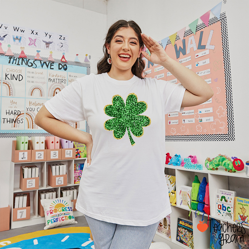 Glitter Four Leaf Clover Teacher T-Shirt