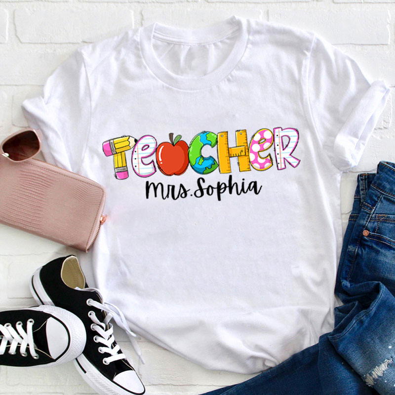Personalized Teacher Love Inspire Care With Apple And Pen Teacher T-Shirt