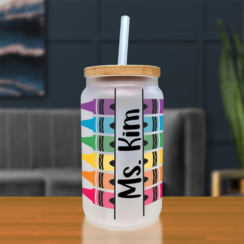 Personalized Name Crayon Teacher Glass Can Tumbler