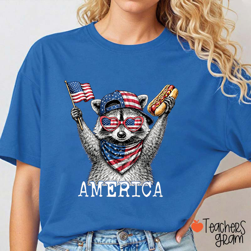 Patriotic American Raccoon Teacher T-Shirt