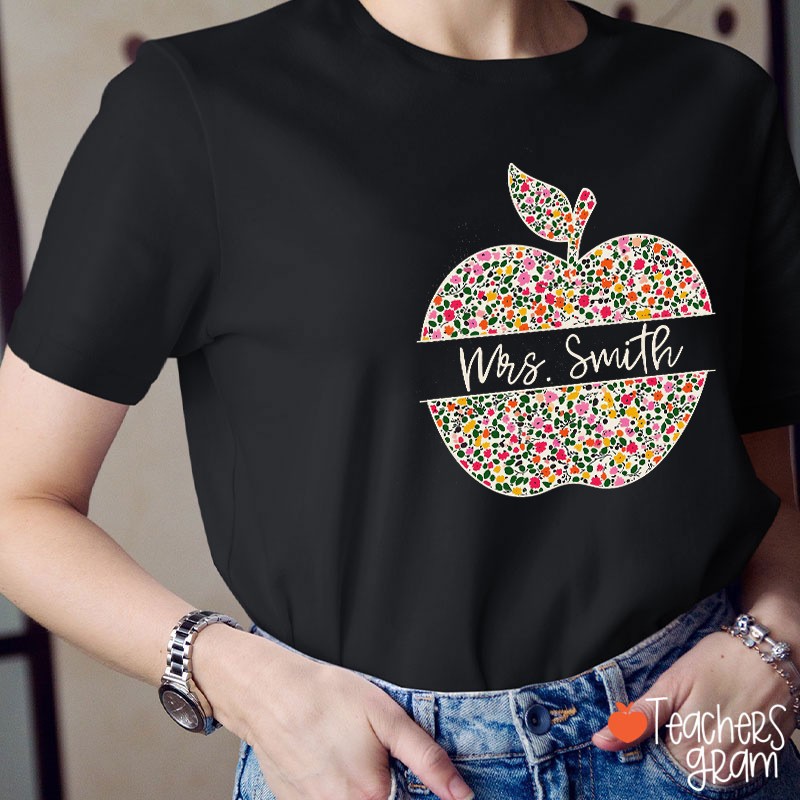 Personalized Name Apple Floral Teacher T-Shirt