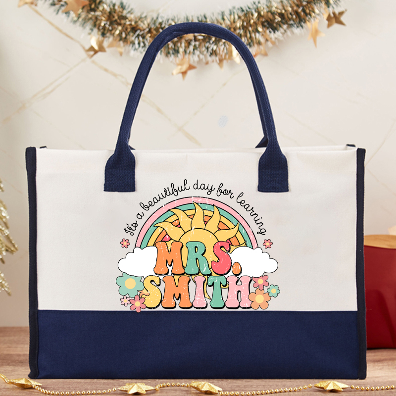 Personalized Name It's A Beautiful Day For Learning Teacher Cotton Tote Bag