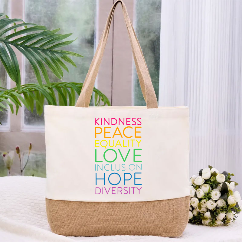 Kindness Peace Equality Love Inclusion Hope Diversity Teacher Canvas Tote Bag