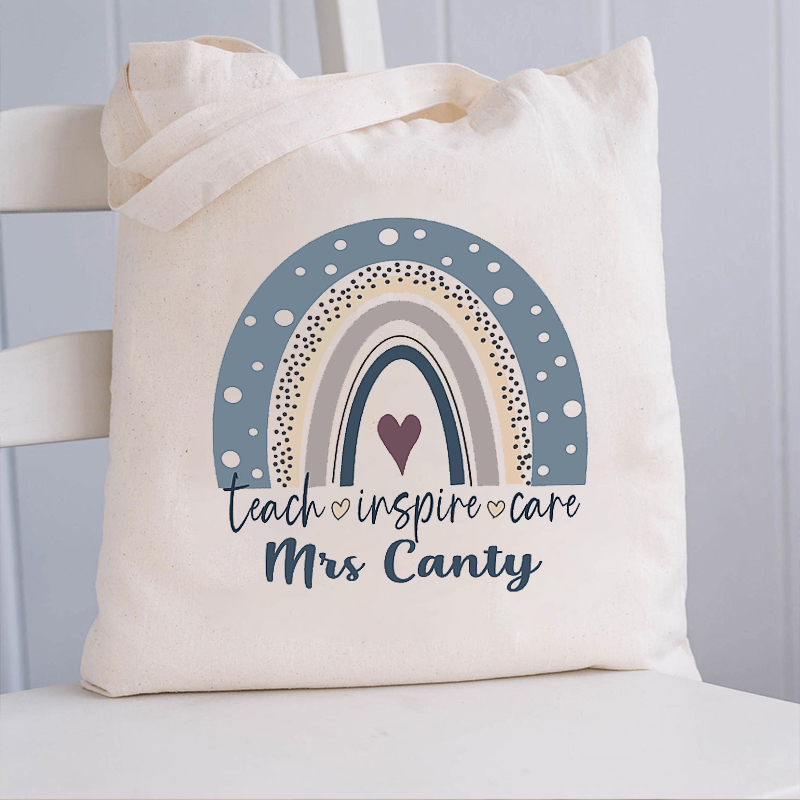 Personalized Teach Love Insipre Blue Rainbow Teacher Tote Bag