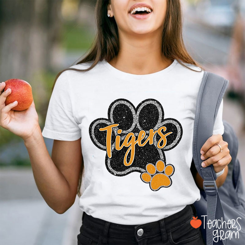 Personalized Mascot Faux Glitter Paw Print Teacher T-Shirt