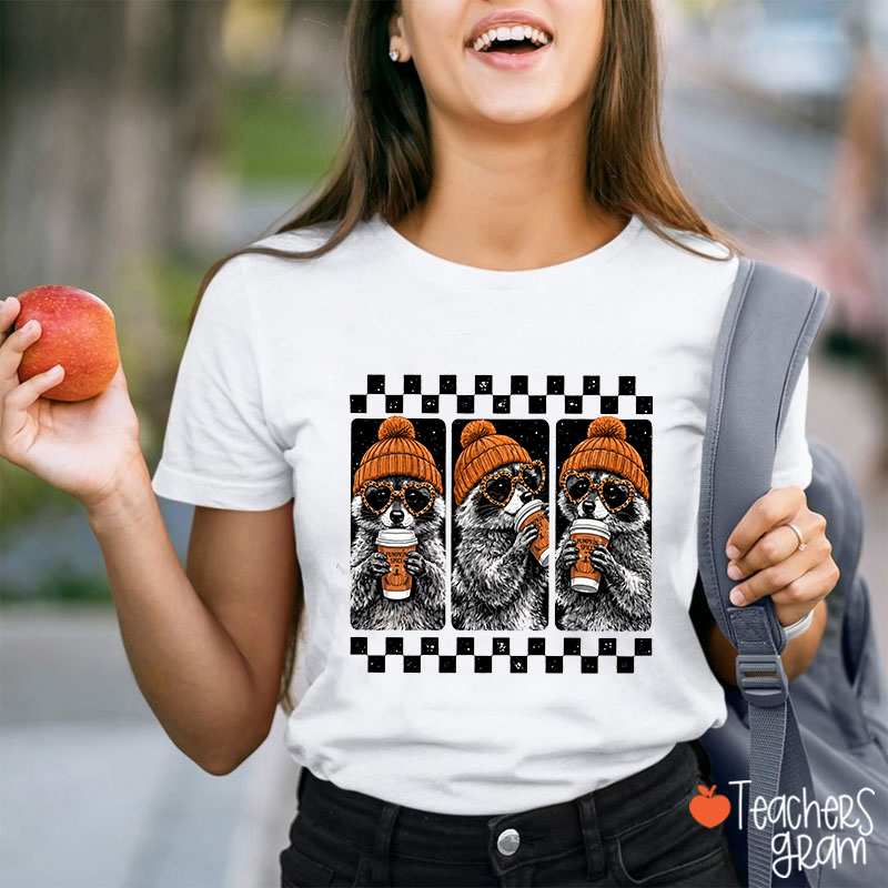 Pumpkin Spice Raccoon Trio Teacher T-Shirt
