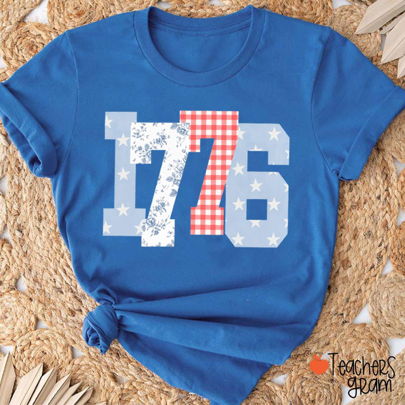 1776 Stars Floral And Gingham Patriotic Teacher T-Shirt