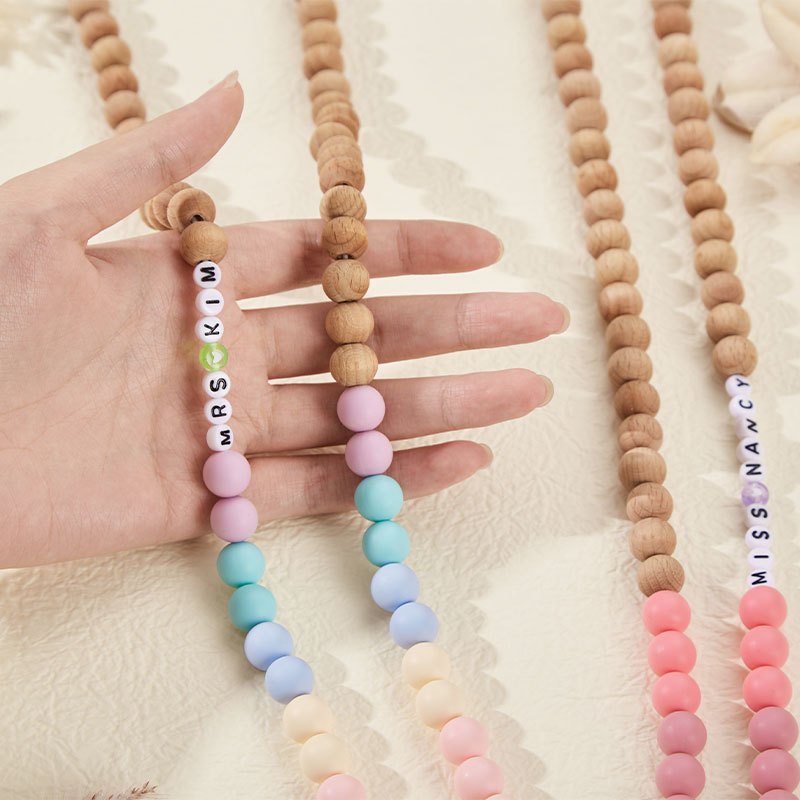 Personalized Name Multicolor Wooden Beads Teacher Lanyard