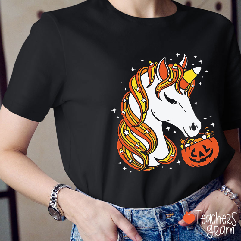 Cute Candy Corn Unicorn Halloween Teacher T-Shirt