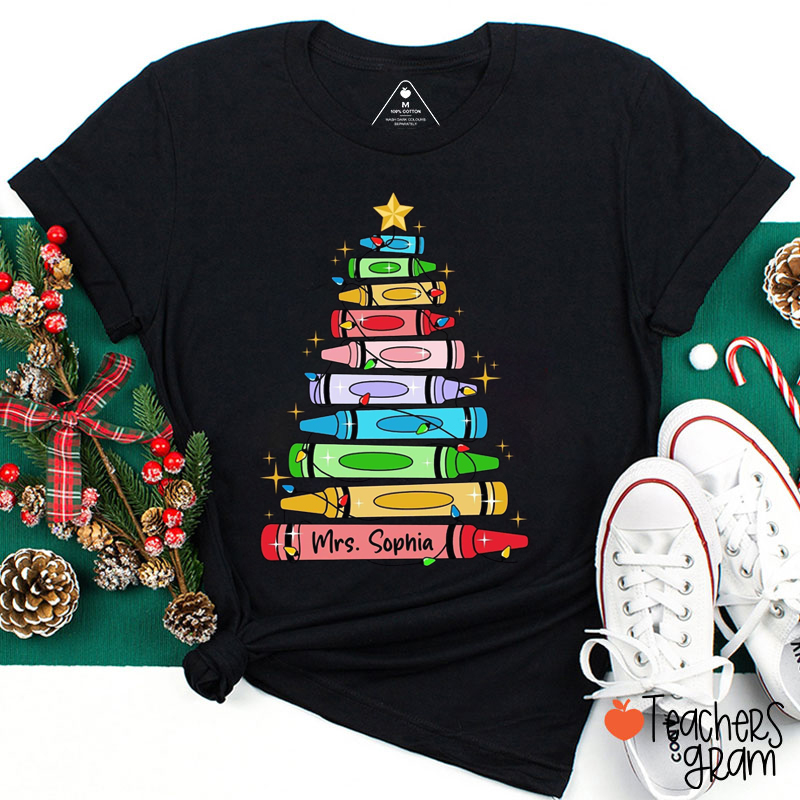 Personalized Name Crayon Christmas Tree Teacher T-Shirt