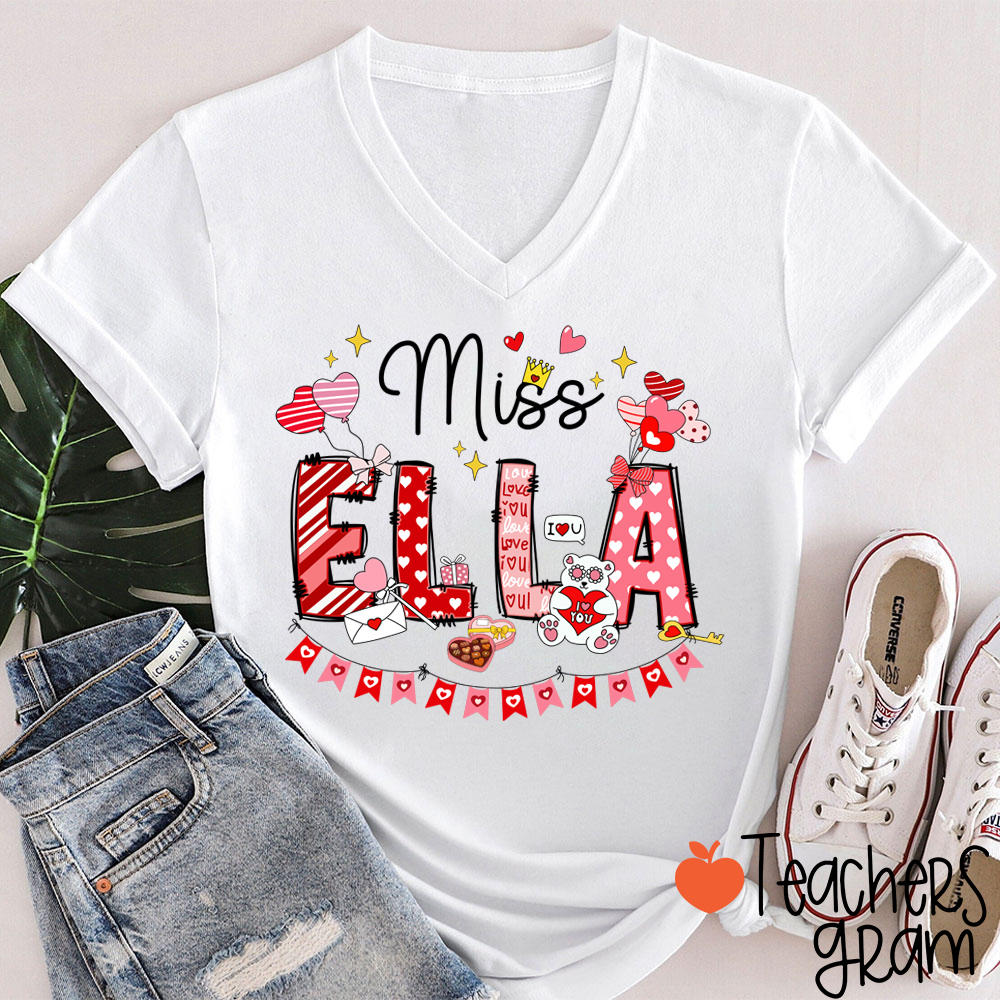 Personalized Valentines Day Teacher Female V-Neck T-Shirt