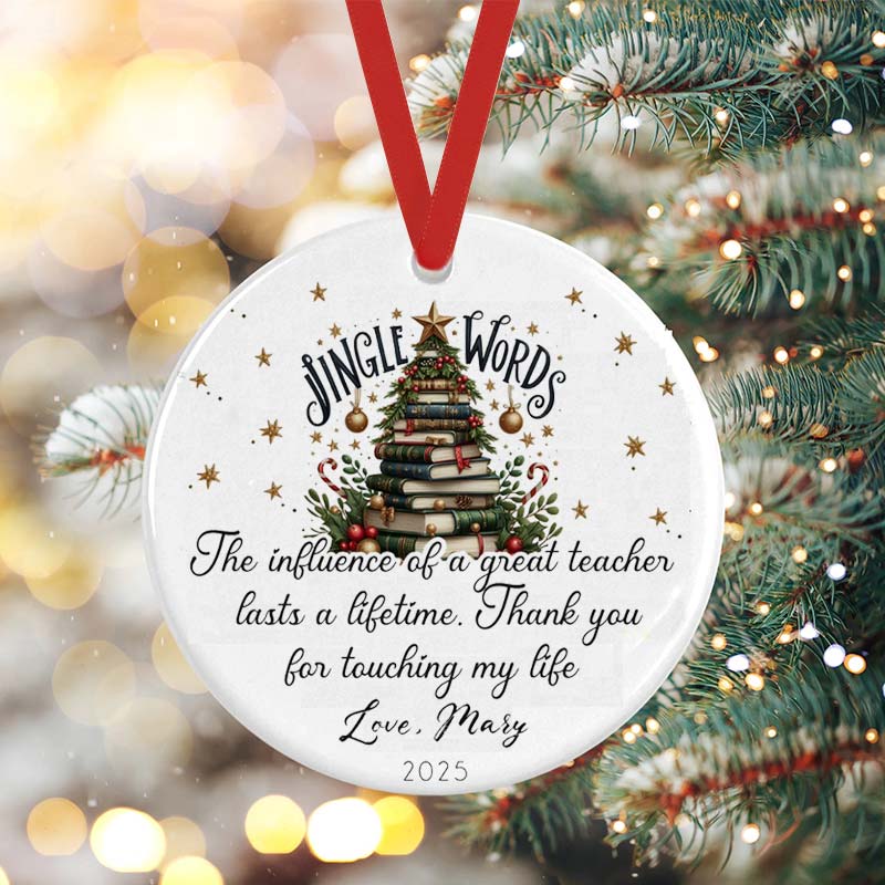 Personalized Jingle Words Book Tree Teacher Ceramic Christmas Ornament