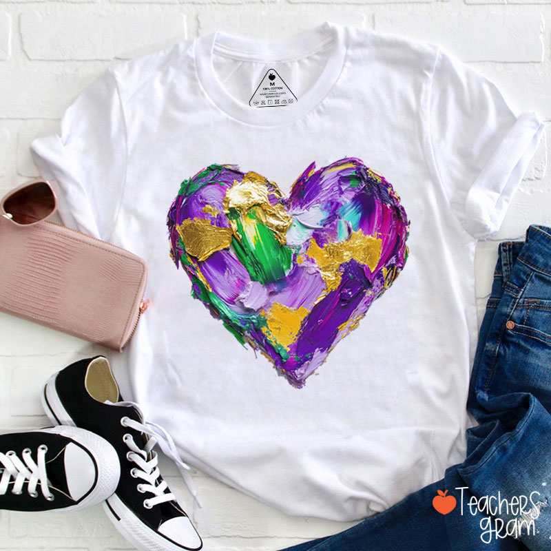 Mardi Gras Oil Painting Heart Teacher T-Shirt