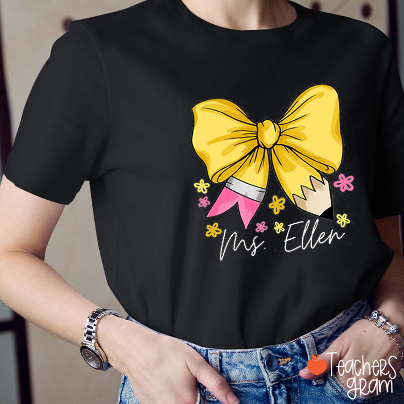 Personalized Name Pencil Bow Teacher T-Shirt