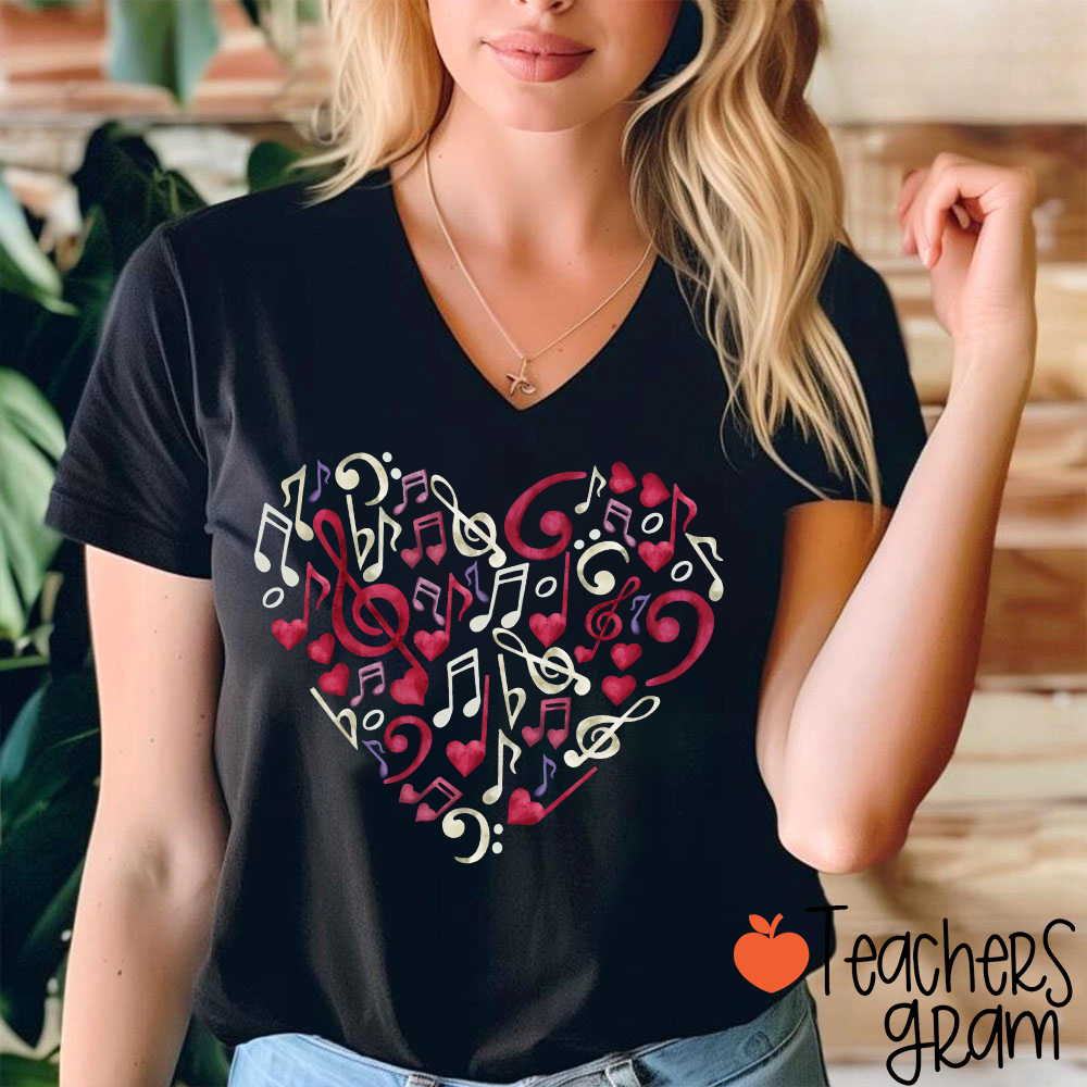 Musical Note Heart Teacher Female V-Neck T-Shirt