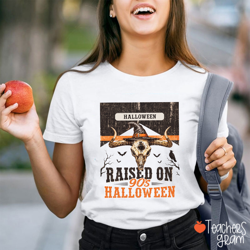 Raised On 90's Halloween Vintage Cow Skull Witch Hat Teacher T-Shirt