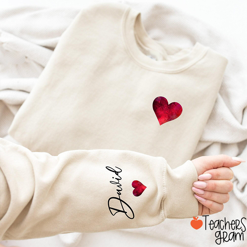 Personalized Name Love Heart Valentines Day Teacher Sleeve Print Sweatshirt
