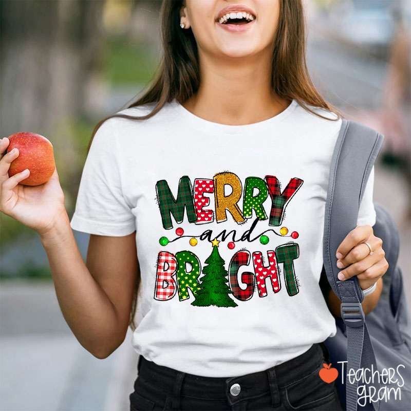 Merry And Bright Christmas Tree Teacher T-Shirt