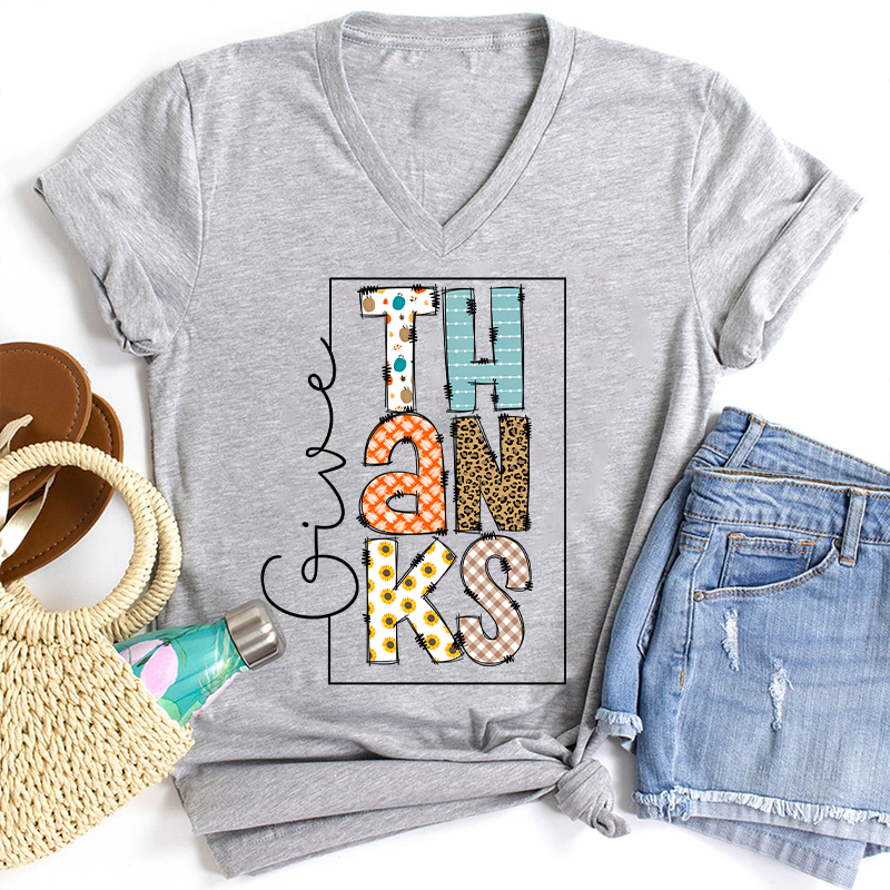 Give Thanks Teacher Female V-Neck T-Shirt