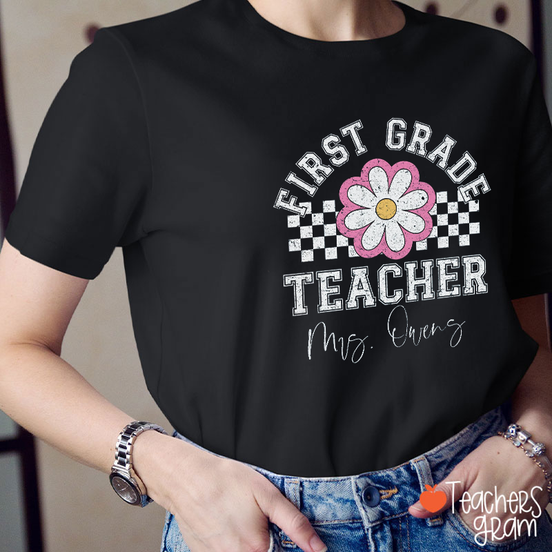 Personalized Grade Name Checkerboard Flowers Teacher T-Shirt