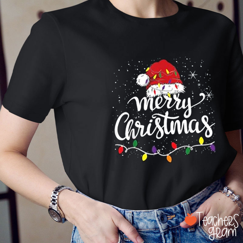 Merry Christmas Santa Hat Christmas Lights Teacher T-Shirt